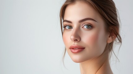 Fototapeta premium A close-up portrait of a young woman with a serene expression, showcasing natural beauty with flawless skin, full lips, and defined brows. Her light blue eyes gaze softly at the camera