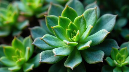 Fototapeta premium Close-up view of a lush green succulent plant, showcasing its intricate leaf details and vibrant color