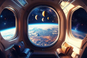 The cabin features an incredible panorama of distant planets and stars.