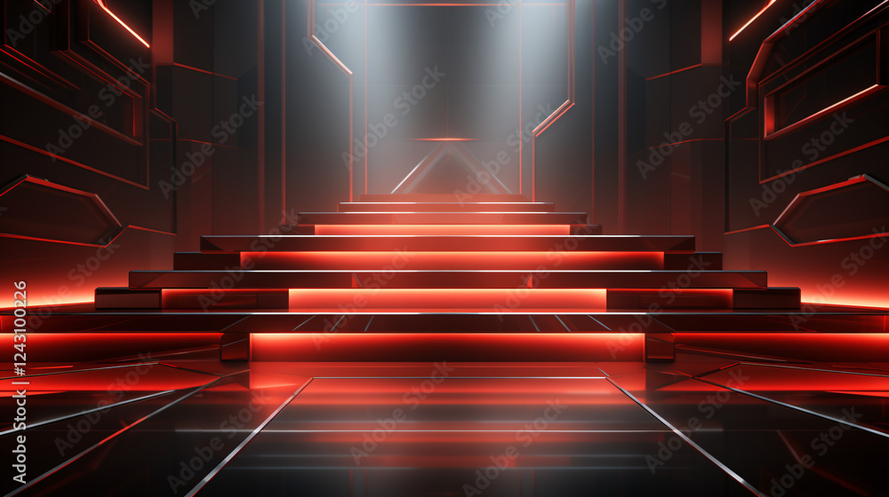 Poster a silver stage with an abstract geometric background and warm red lighting, ideal for futuristic pre