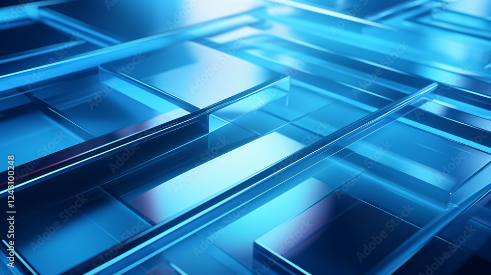 Poster a simple 3d geometric spread of looping shapes on a transparent blue background, ideal for futuristi