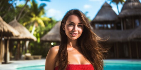 A young woman with long brown hair and a radiant smile poses in a red dress at a luxury tropical resort. Thatched-roof bungalows, palm trees, and a pool in the background