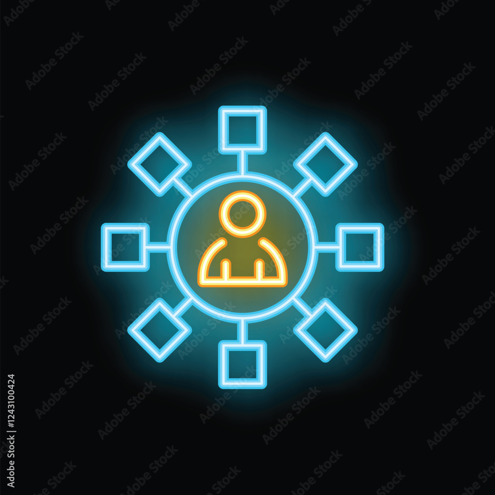 Aufkleber neon glowing icon of a person spreading information or managing a network, with lines connecting to 