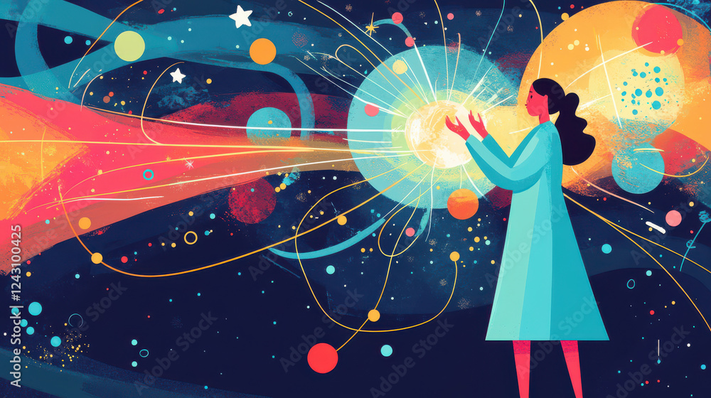 Poster physicist conducts laser experiment, exploring particle physics in vibrant cosmic setting. colorful 