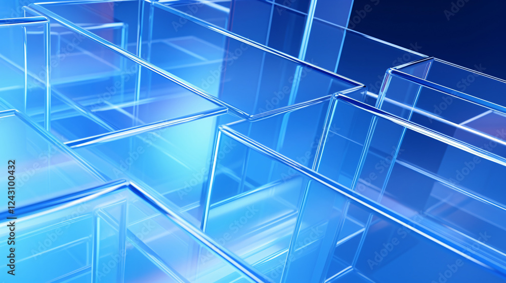 Poster a simple 3d geometric spread of looping shapes on a transparent blue background, ideal for futuristi