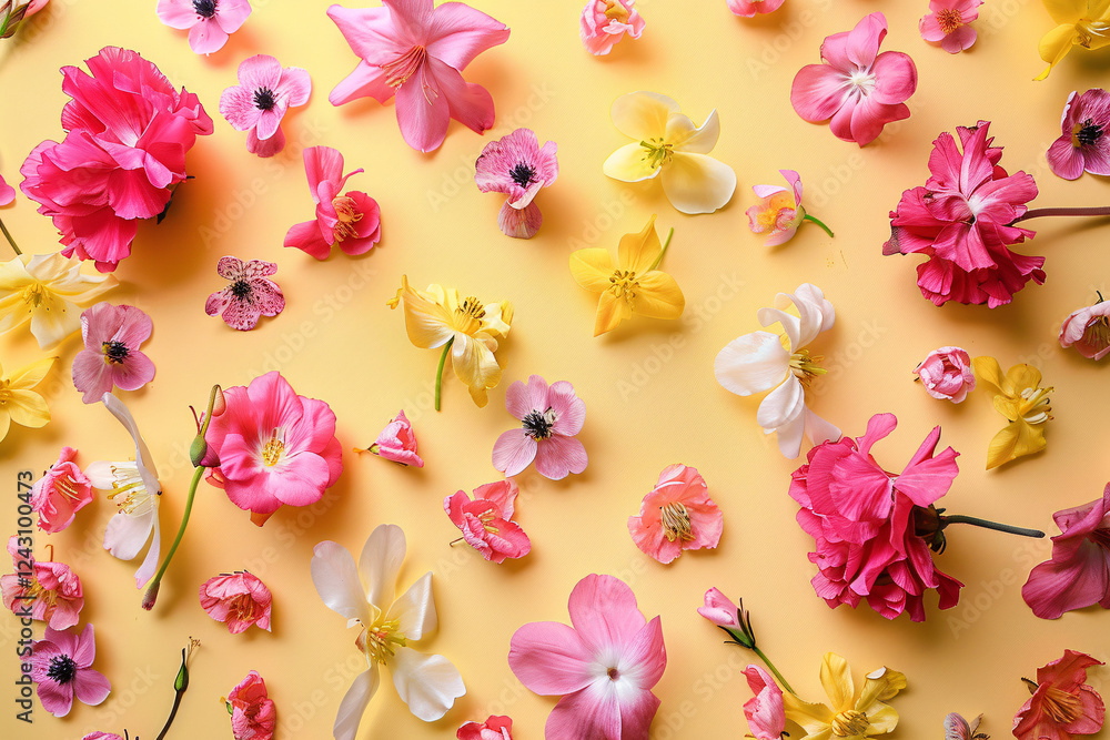 Poster Gorgeous spring and summer blooms rest on a soft yellow backdrop, creating a border for text or artwork