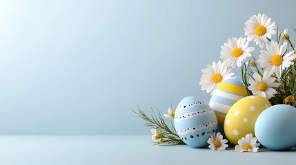 Easter day celebration with pastel tone easter eggs and daisies spring setting decorative art