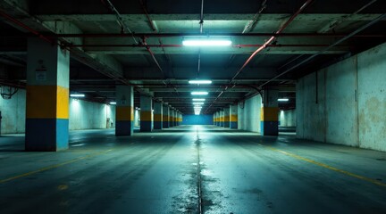 Empty subterranean parking garage with fluorescent lighting and painted pillars