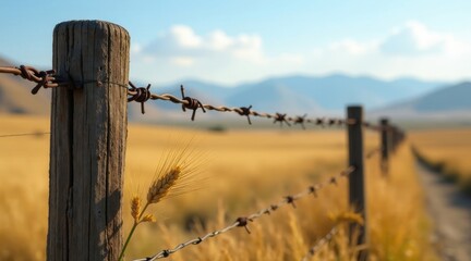Fototapeta premium Rustic wooden fence post with barbed wire, a single stalk of wheat in the foreground, and a blurred golden field extending to distant mountains under a clear sky.