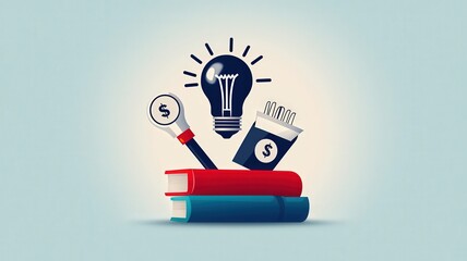financial planning insurance tools concept. Books with money symbols and a lightbulb representing knowledge and finance.