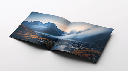 Book with mountain and river photo on cover alongside brochure mockup in realistic photography setting