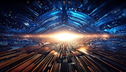Stunning abstract image of glowing circuitry, perfect for tech, AI, and futuristic designs.  Vibrant blue and orange hues create a dynamic, high-energy visual.