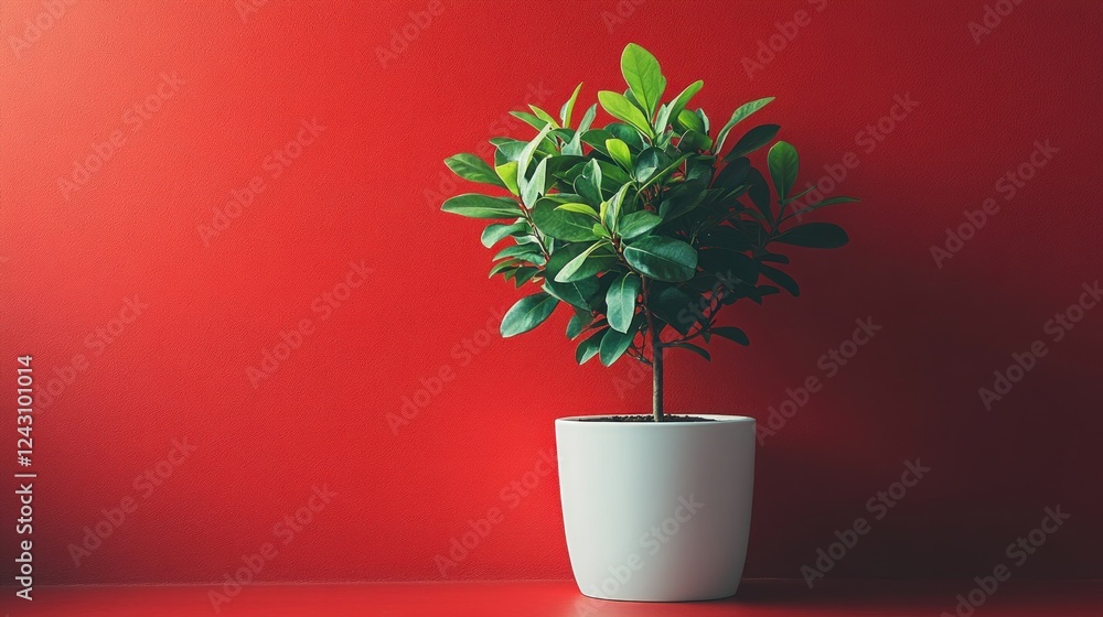 Canvas Prints A small potted plant with lush green leaves against a vibrant red background.