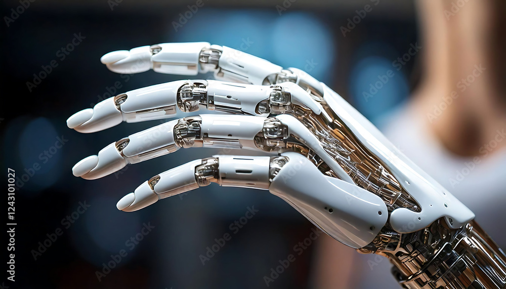 Poster close-up of a sophisticated robotic hand, showcasing intricate detail and futuristic design. perfect