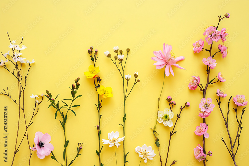 Sticker Cheerful and vibrant greeting card design featuring a mix of colorful spring flowers on a bright yellow background