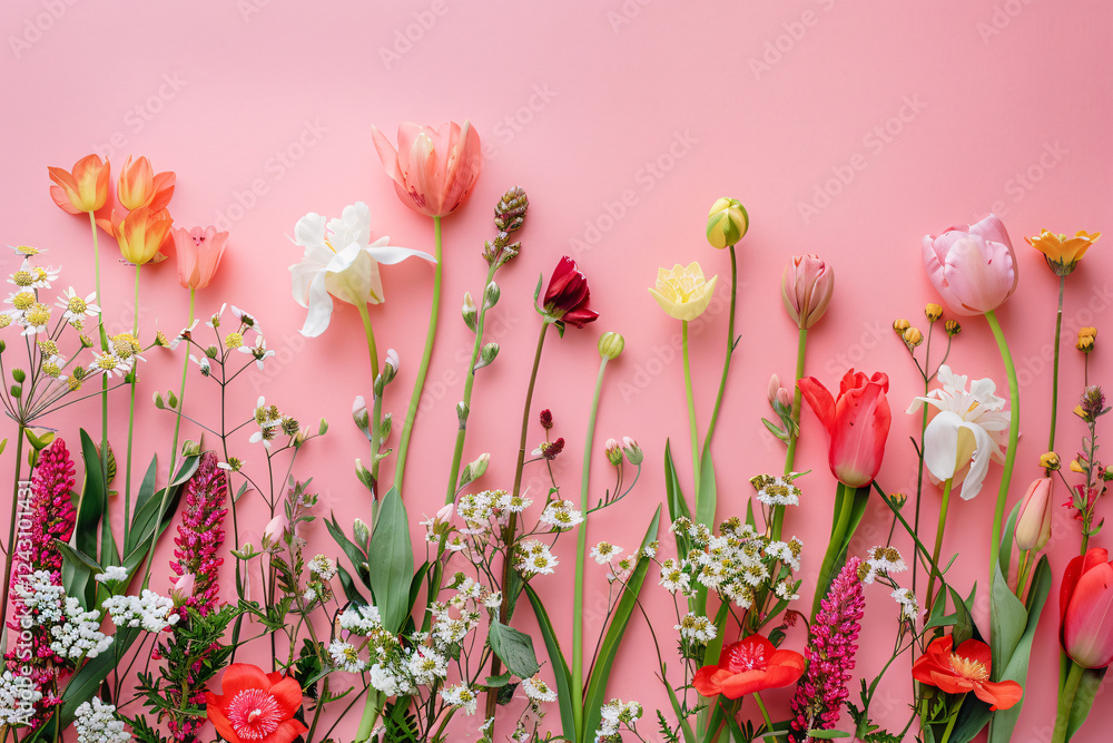 Poster cheerful and festive atmosphere is created by a vibrant row of spring flowers arranged on a pink bac