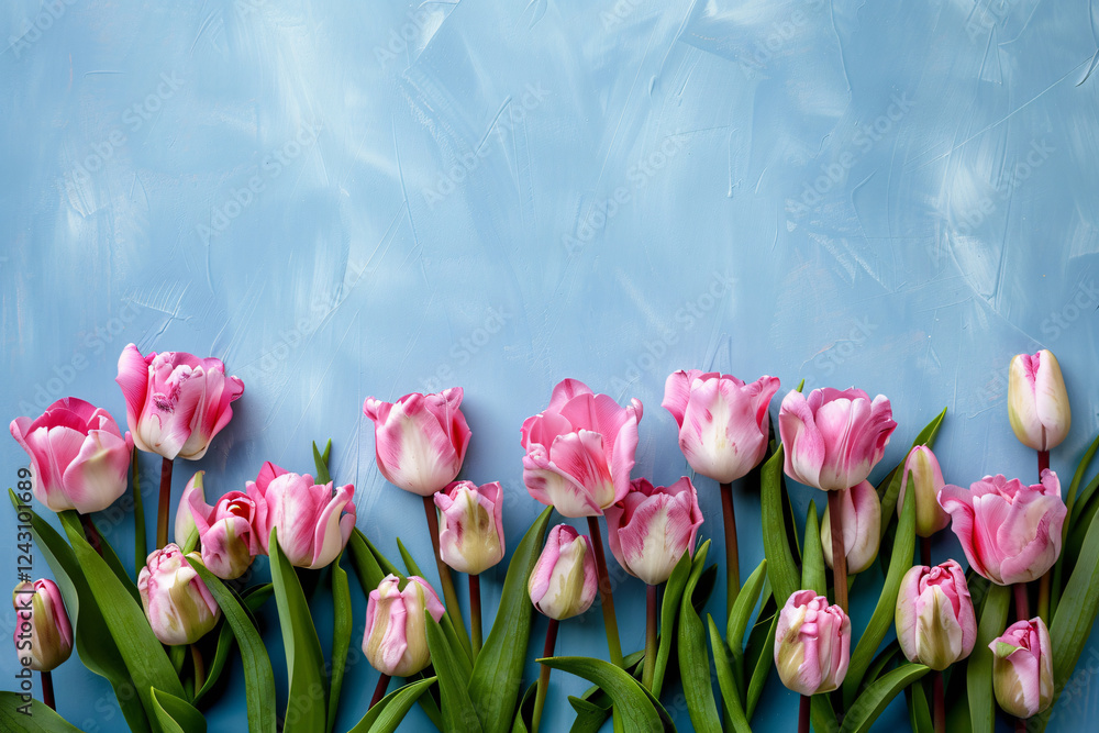 Aufkleber row of pink and white tulips on a blue textured background with space for text