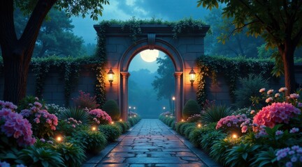 Serene Moonlight Garden Path Leading Through an Archway Under a Full Moon at Night