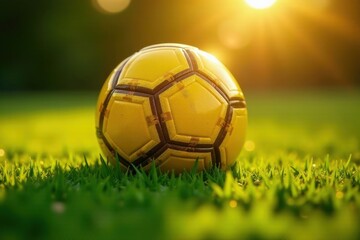 Fototapeta premium Golden Hour Soccer Ball Resting on Lush Green Grass