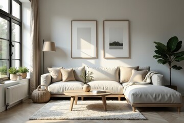 Serene Minimalist Living Room Design Featuring a Light Beige Sectional Sofa, Wooden Coffee Table, and Natural Decor Elements