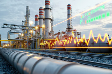 futuristic energy hub with neon lights and holographic gas price display