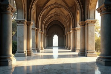 Sunlit Colonnade A Majestic Architectural Passageway with High Arched Ceilings and Elegant Marble Flooring