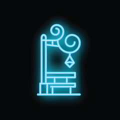 Blue neon icon of a street lamp standing on a stone pedestal with ornate metalwork, isolated on a black background
