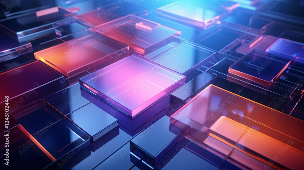 Aufkleber a techno-futuristic poster design with a multicolor gradient on a dark background, ideal for present