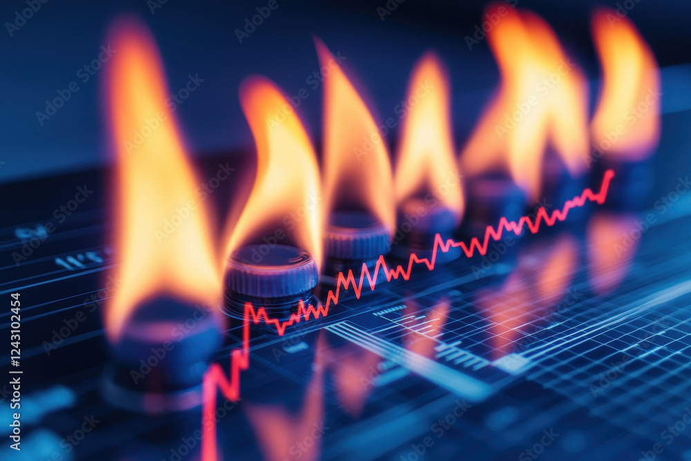 Poster gas flames transform into dynamic digital graphs, symbolizing energy data