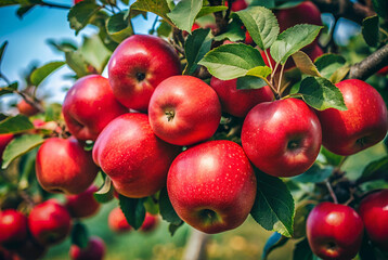 A vibrant cluster of ripe red apples hangs from lush green branches, showcasing their freshness against a clear blue sky.