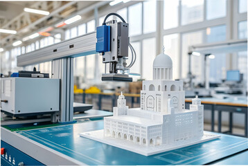 A robotic arm delicately handles a detailed architectural model in a modern workspace filled with natural light.