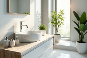 Modern minimalist bathroom vanity with sunlight streaming through window and potted plants