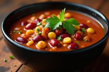Aromatic and hearty bean soup, simmered to perfection in a rich tomato broth, garnished with fresh herbs in a rustic bowl.