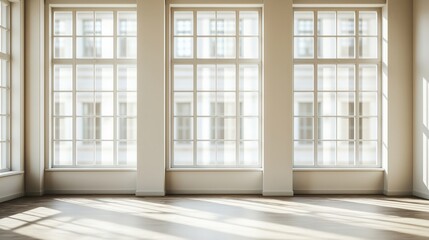 Modern room with Bokeh-like buildings texture from inside the room through large window glass