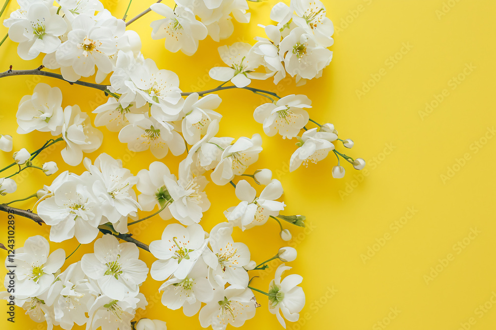 Aufkleber white spring blossoms on tree branches, with a vibrant yellow backdrop and space for text