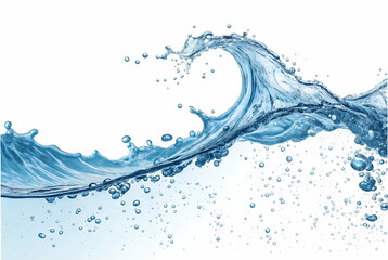 A dynamic splash of water forms a wave, showcasing vibrant blue tones and sparkling droplets against a clean white background.