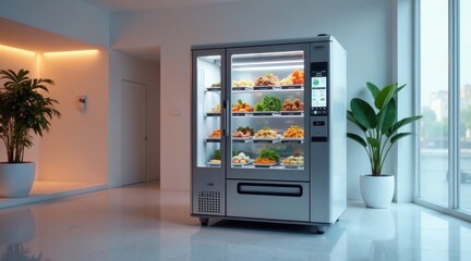 Modern Automated Vending Machine Dispensing Healthy and Delicious Prepared Food Options in a Contemporary Interior Setting
