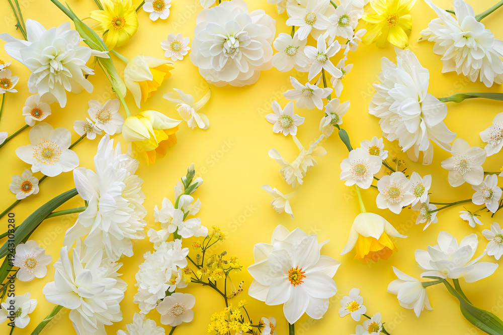 Aufkleber white and yellow flowers are creating a frame on a yellow background