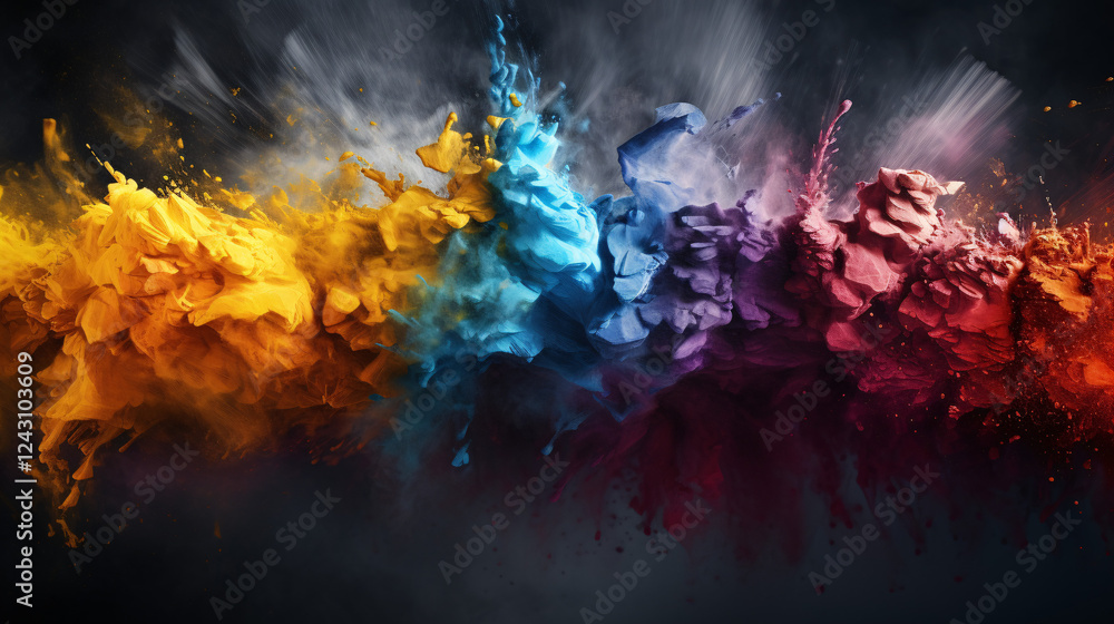 Poster a textured dispersion effect with earthy metallic tones and splashing colors on a black background, 