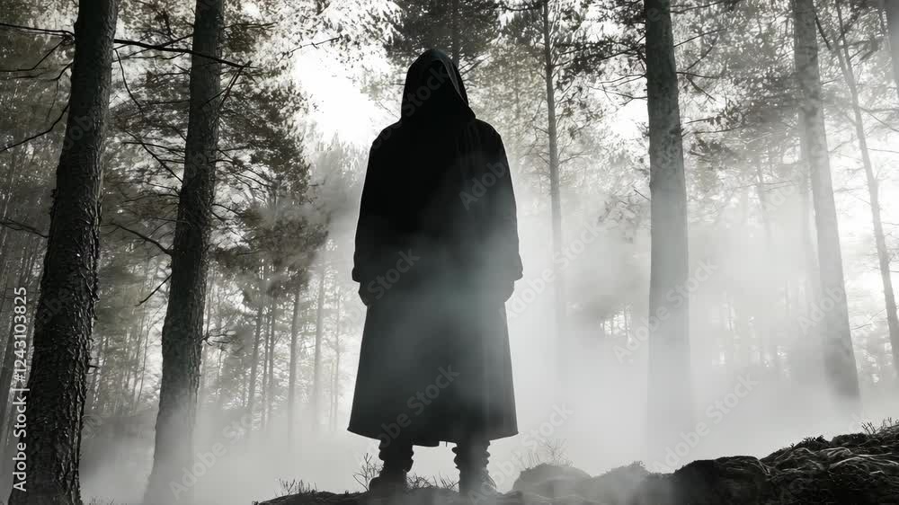 Poster mysterious figure stands in a foggy forest surrounded by tall trees and mist during a quiet evening 