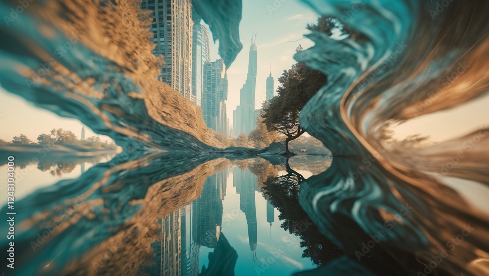 Poster surreal landscape reflection showcasing urban skyline with distorted elements and vibrant colors at 