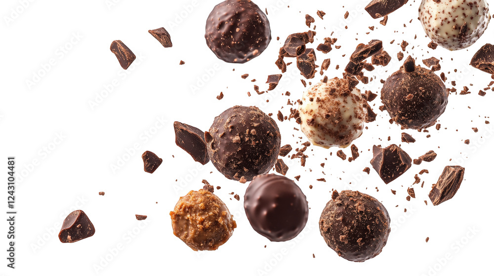 Aufkleber delicious assorted chocolate truffles falling with chocolate shavings, creating dynamic and tempting