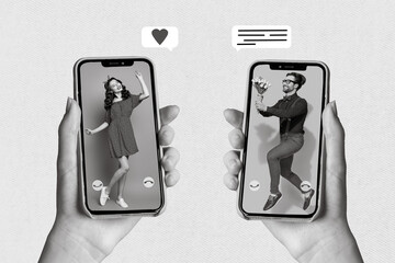 Photo sketch graphics collage artwork picture of hands holding two modern gadgets dating...