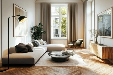Stylish modern lounge designed with sophisticated furnishings and parquet wood flooring.