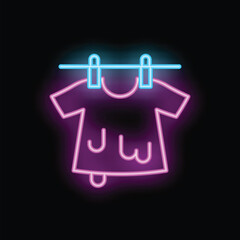 Neon icon of a t shirt drying on a clothesline glowing on a black background