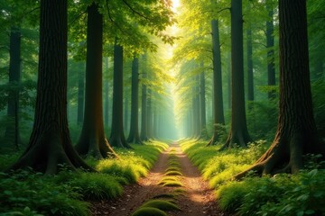 Obraz premium Sunlit Path Through a Serene Forest of Tall Trees with Lush Undergrowth
