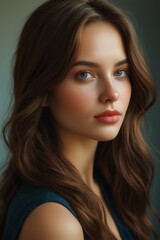 Naklejka premium a close up of a woman with long hair and a blue dress
