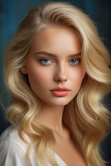 Fototapeta premium blond woman with blue eyes and long wavy hair posing for a portrait