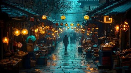 Tranquil and moody market alley scene at dawn with empty stalls traces of last night s trade and cool morning mist rising in soft blue hues   perfect for creative commercial design and branding