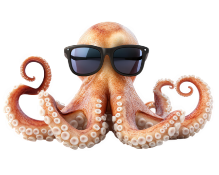 Relaxing cartoon octopus wearing sunglasses, exuding fun vibe. Perfect for summer themes and playful designs